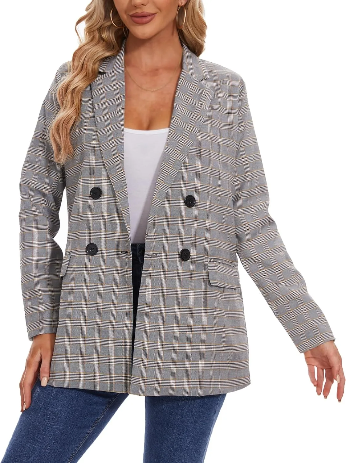 MINTLIMIT Women's Plaid Blazer Casual Long Sleeve Oversized Boyfriend Blazers Double Breasted Lapel Jacket with Pockets
