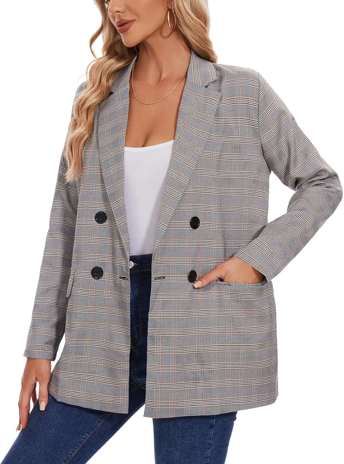 MINTLIMIT Women's Plaid Blazer Casual Long Sleeve Oversized Boyfriend Blazers Double Breasted Lapel Jacket with Pockets