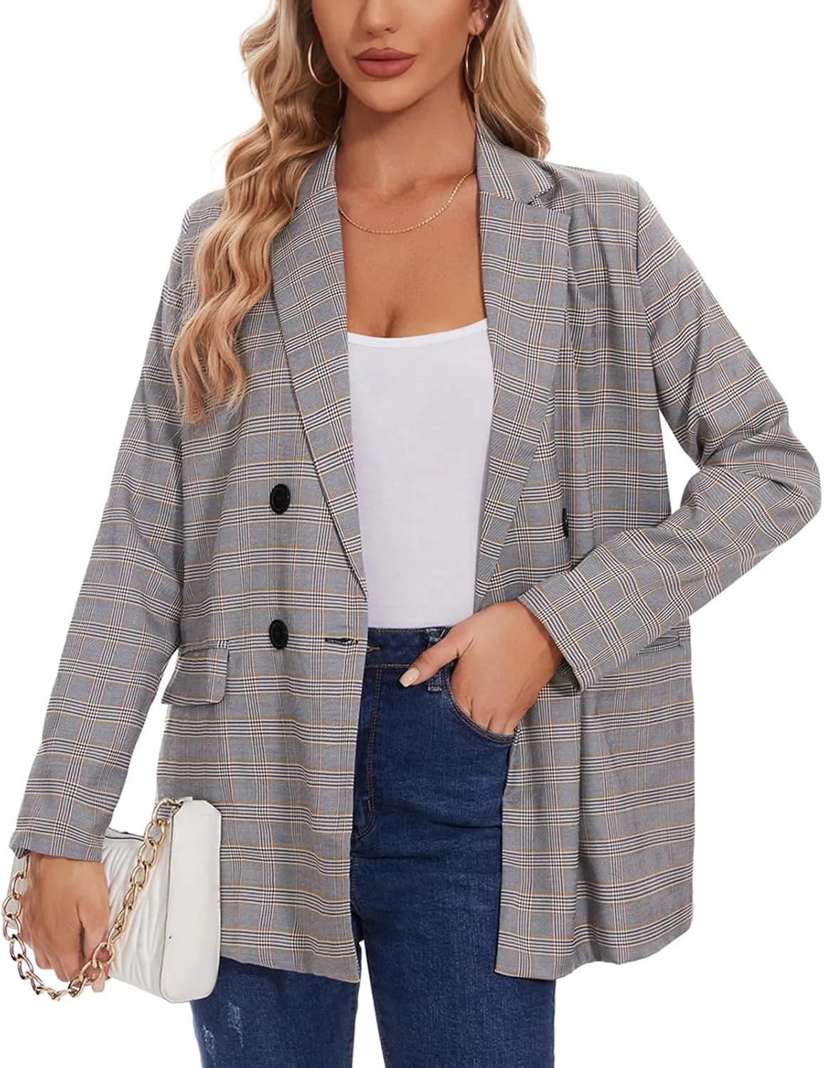 MINTLIMIT Women's Plaid Blazer Casual Long Sleeve Oversized Boyfriend Blazers Double Breasted Lapel Jacket with Pockets