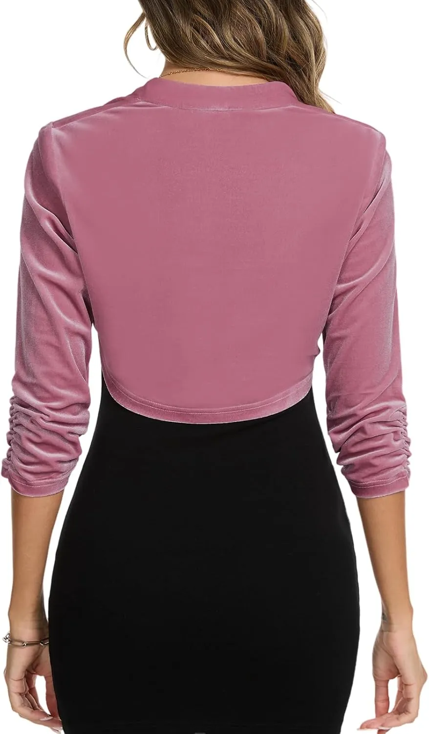 MINTLIMIT Women's Velvet Bolero Shrug Top Ruched 3/4 Sleeve Open Front Cocktail Party Cropped Cardigan for Dress