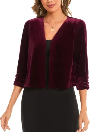 MINTLIMIT Women's Velvet Shrug Cropped Cardigan Ruched 3/4 Sleeve Open Front Cocktail Party Bolero Shrug Top for Dress