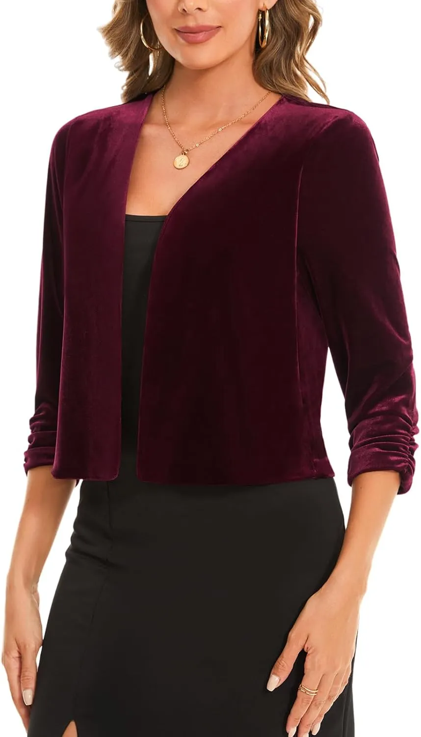 MINTLIMIT Women's Velvet Shrug Cropped Cardigan Ruched 3/4 Sleeve Open Front Cocktail Party Bolero Shrug Top for Dress
