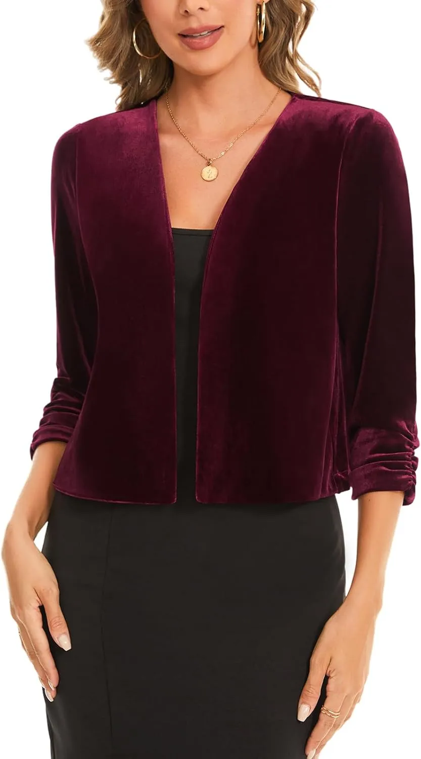 MINTLIMIT Women's Velvet Shrug Cropped Cardigan Ruched 3/4 Sleeve Open Front Cocktail Party Bolero Shrug Top for Dress
