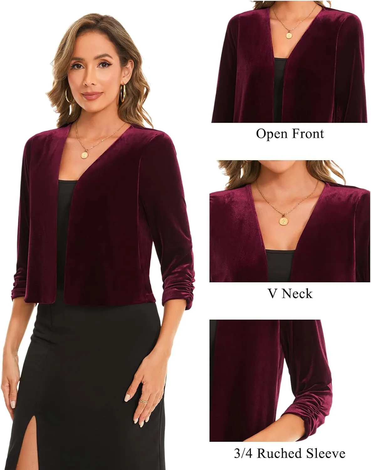 MINTLIMIT Women's Velvet Shrug Cropped Cardigan Ruched 3/4 Sleeve Open Front Cocktail Party Bolero Shrug Top for Dress