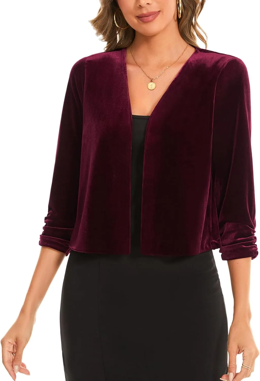 MINTLIMIT Women's Velvet Shrug Cropped Cardigan Ruched 3/4 Sleeve Open Front Cocktail Party Bolero Shrug Top for Dress