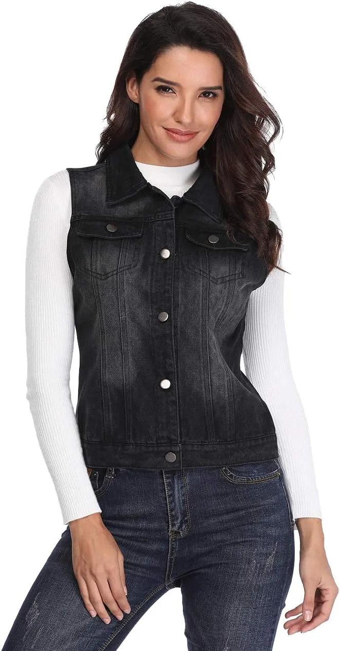 MISS MOLY Women's Denim Distressed Classic Vest Cotton