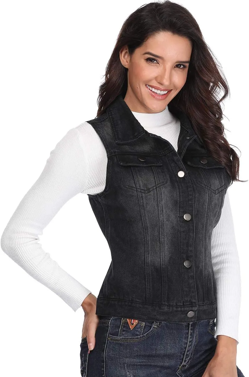 MISS MOLY Women's Denim Distressed Classic Vest Cotton