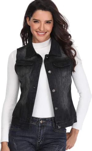 MISS MOLY Women's Denim Distressed Classic Vest Cotton