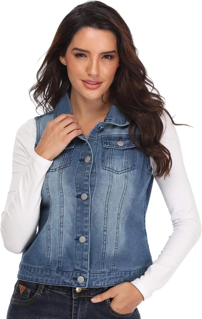 MISS MOLY Women's Denim Distressed Classic Vest Cotton