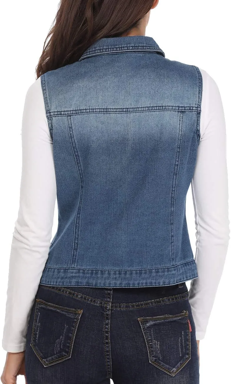 MISS MOLY Women's Denim Distressed Classic Vest Cotton