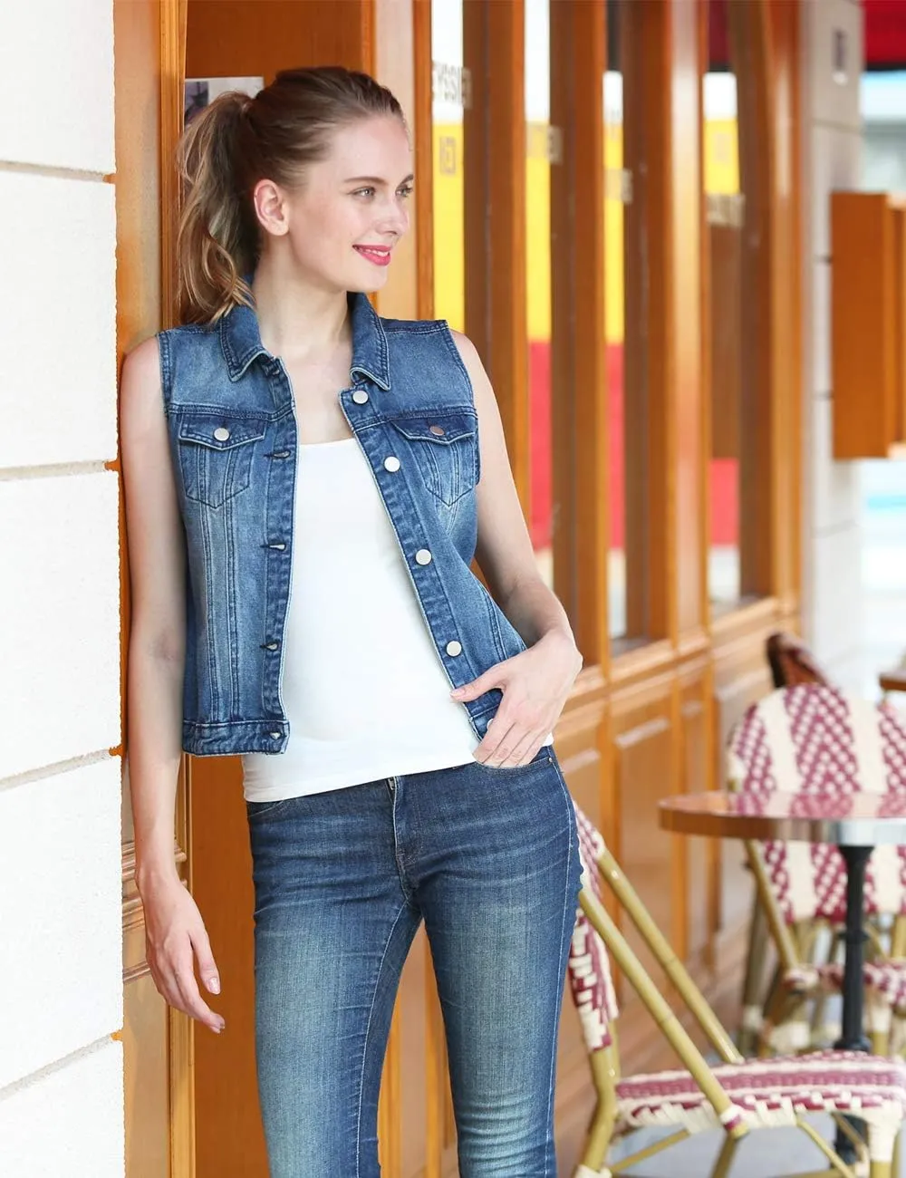 MISS MOLY Women's Denim Distressed Classic Vest Cotton