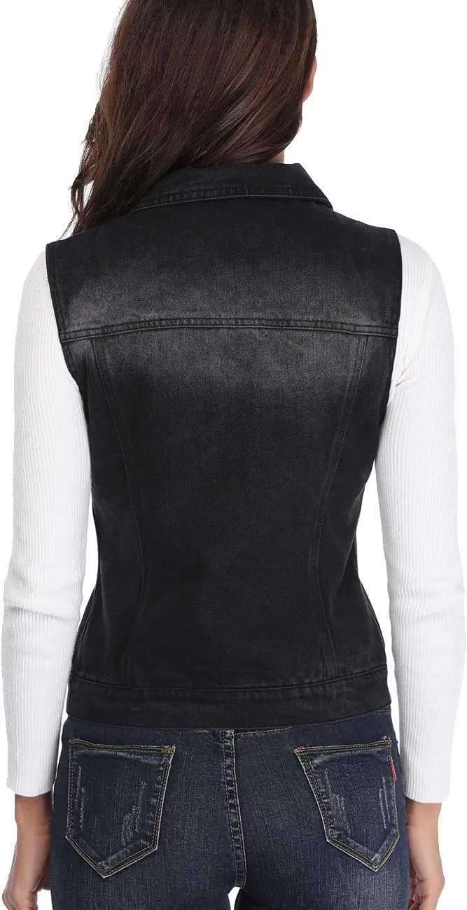 MISS MOLY Women's Denim Distressed Classic Vest Cotton