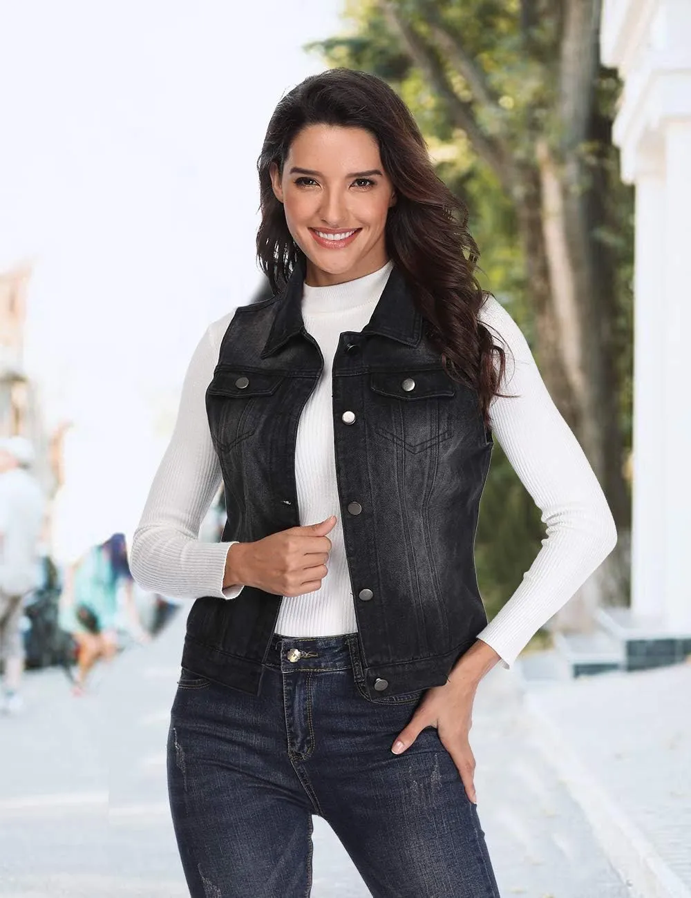 MISS MOLY Women's Denim Distressed Classic Vest Cotton