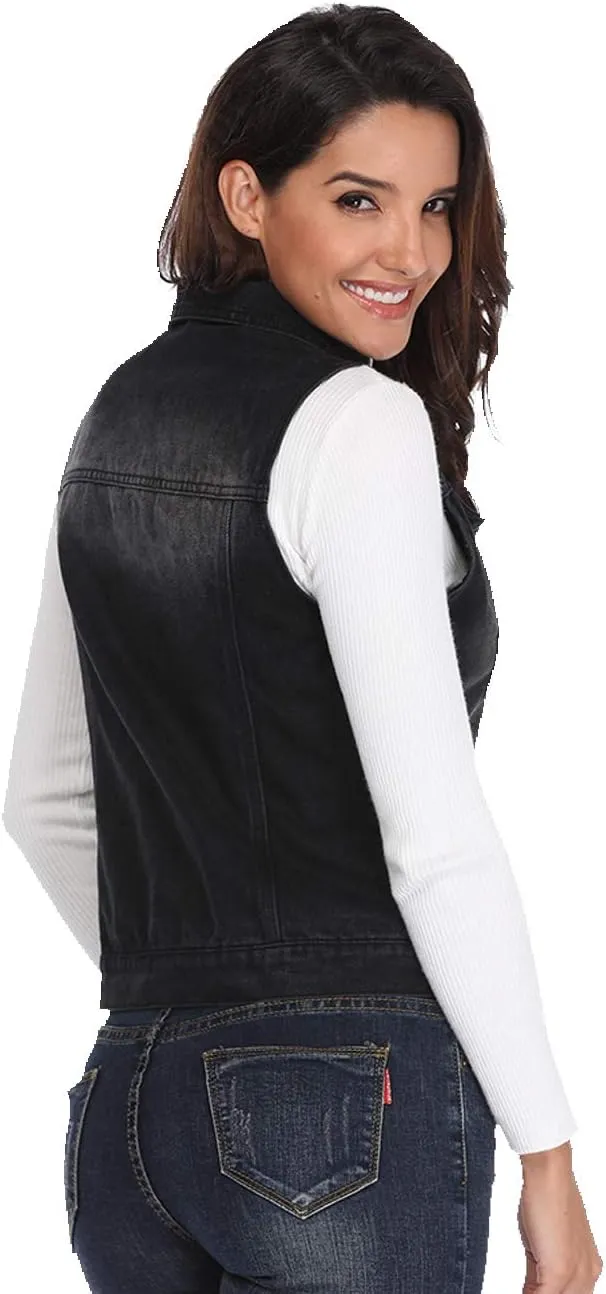 MISS MOLY Women's Denim Distressed Classic Vest Cotton