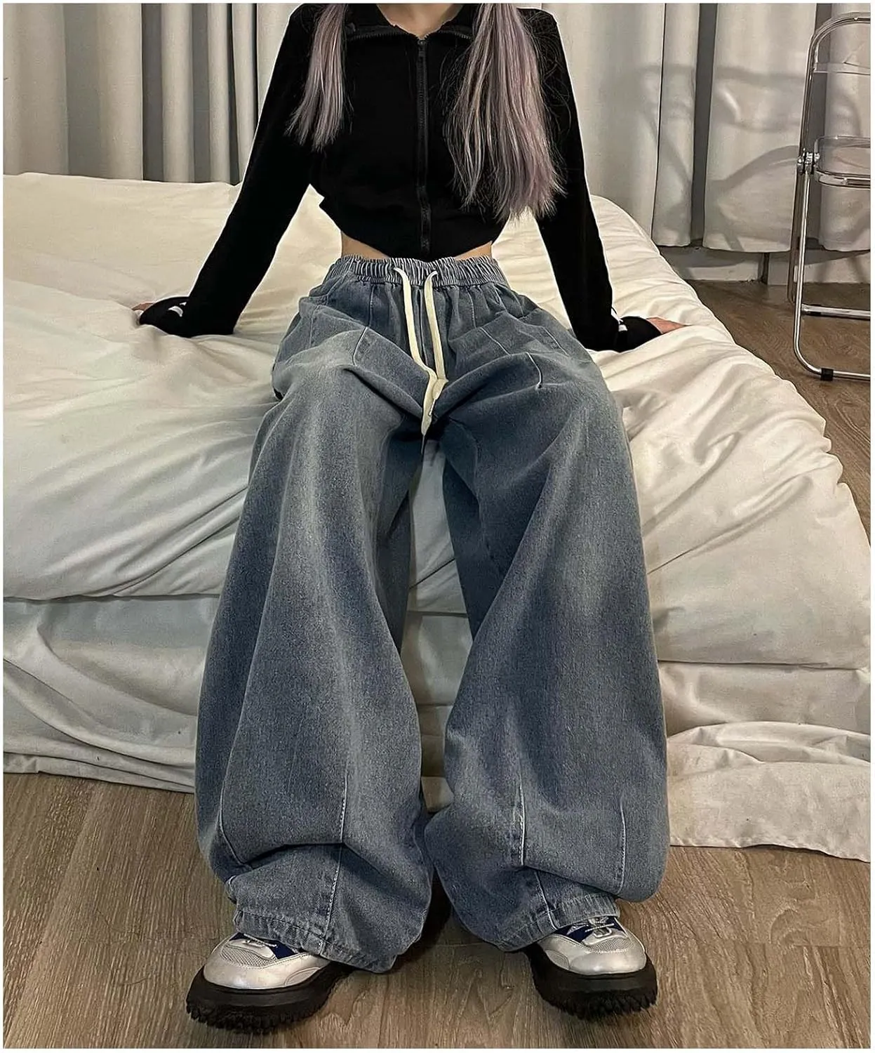 MLAFE Women's Baggy Jeans Harem Pants Washed Elastic Waist Pleated Wide Leg Baggy Jeans Y2k Drawstring Jeans Women