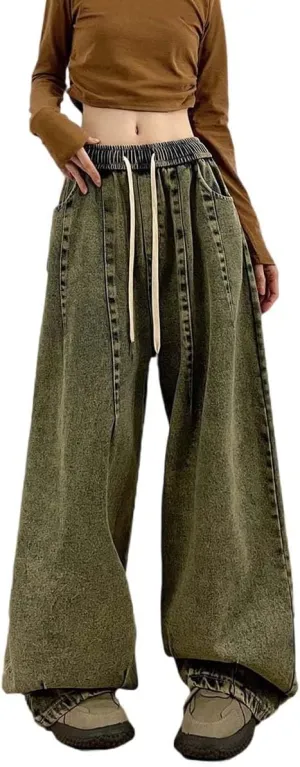 MLAFE Women's Baggy Jeans Harem Pants Washed Elastic Waist Pleated Wide Leg Baggy Jeans Y2k Drawstring Jeans Women