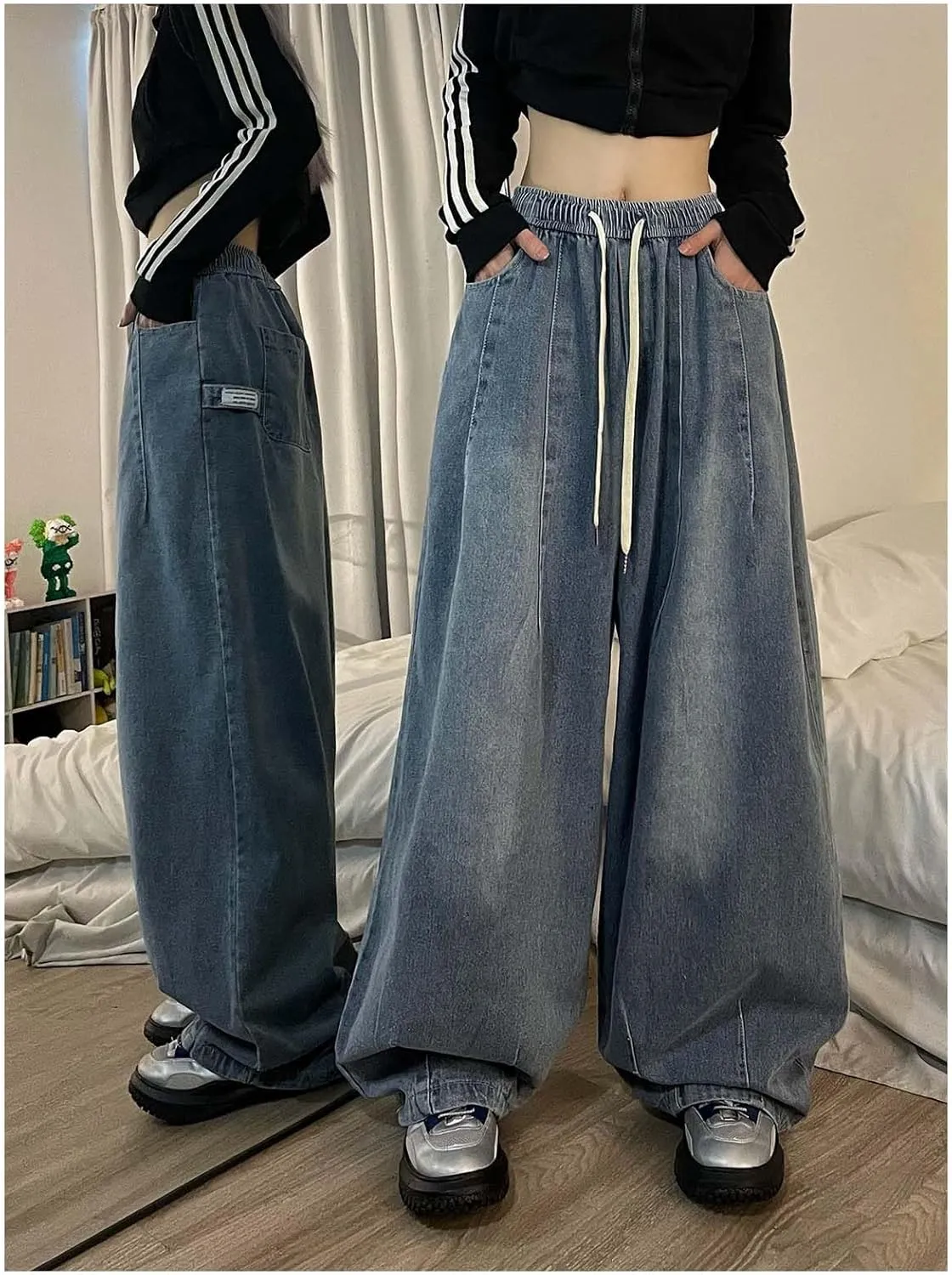 MLAFE Women's Baggy Jeans Harem Pants Washed Elastic Waist Pleated Wide Leg Baggy Jeans Y2k Drawstring Jeans Women
