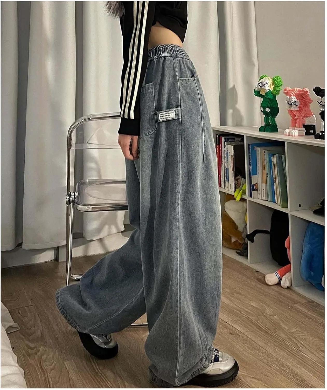 MLAFE Women's Baggy Jeans Harem Pants Washed Elastic Waist Pleated Wide Leg Baggy Jeans Y2k Drawstring Jeans Women