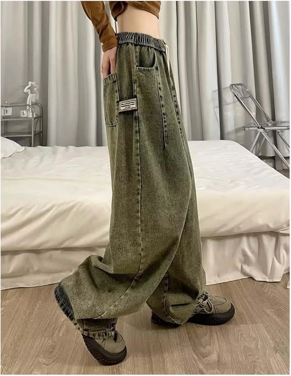 MLAFE Women's Baggy Jeans Harem Pants Washed Elastic Waist Pleated Wide Leg Baggy Jeans Y2k Drawstring Jeans Women