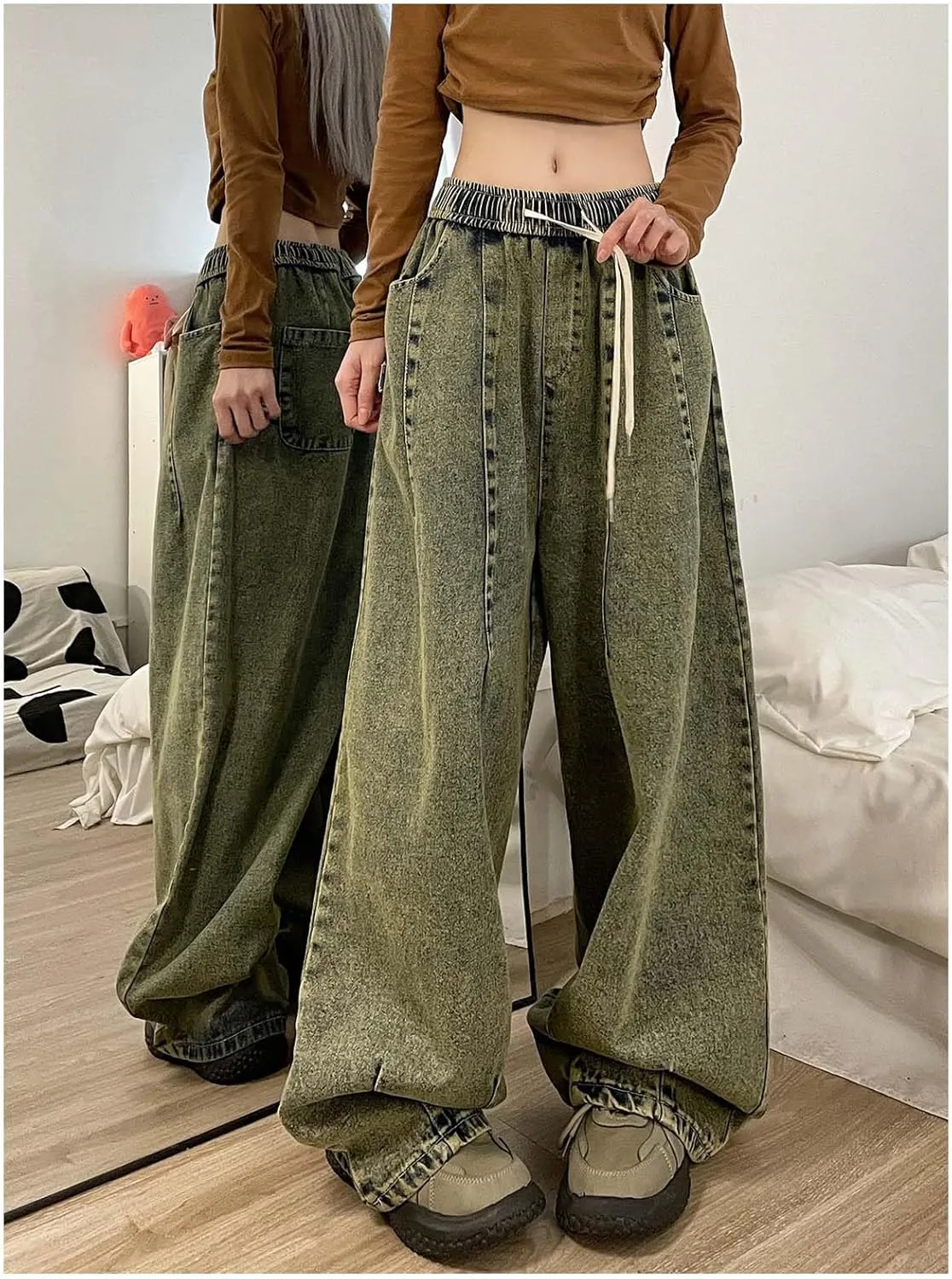 MLAFE Women's Baggy Jeans Harem Pants Washed Elastic Waist Pleated Wide Leg Baggy Jeans Y2k Drawstring Jeans Women