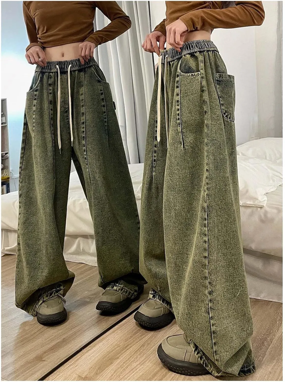 MLAFE Women's Baggy Jeans Harem Pants Washed Elastic Waist Pleated Wide Leg Baggy Jeans Y2k Drawstring Jeans Women