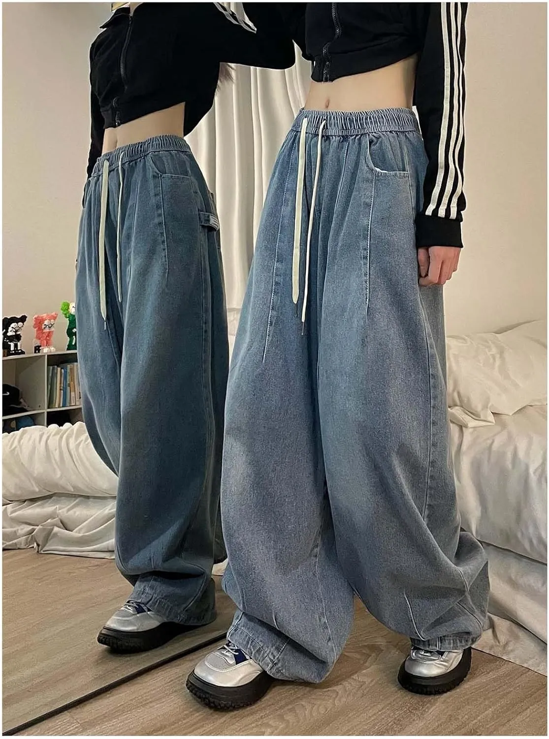 MLAFE Women's Baggy Jeans Harem Pants Washed Elastic Waist Pleated Wide Leg Baggy Jeans Y2k Drawstring Jeans Women