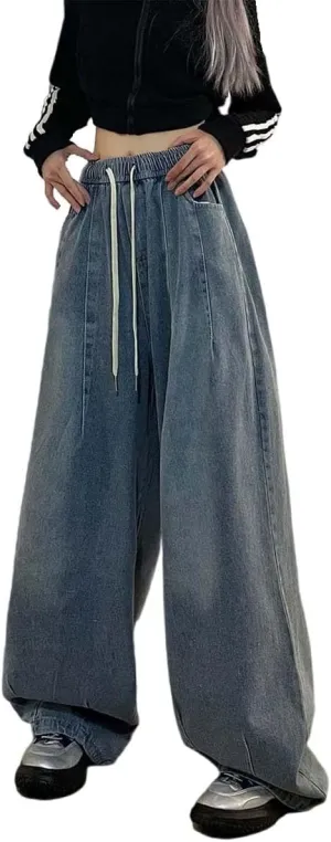 MLAFE Women's Baggy Jeans Harem Pants Washed Elastic Waist Pleated Wide Leg Baggy Jeans Y2k Drawstring Jeans Women