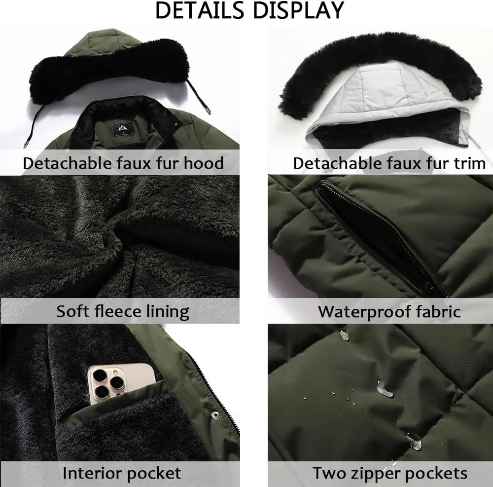 MOERDENG Women's Winter Puffer Coat Thicken Fleece Lined Down Jacket Waterproof Faux Fur Detachable Hooded Parka