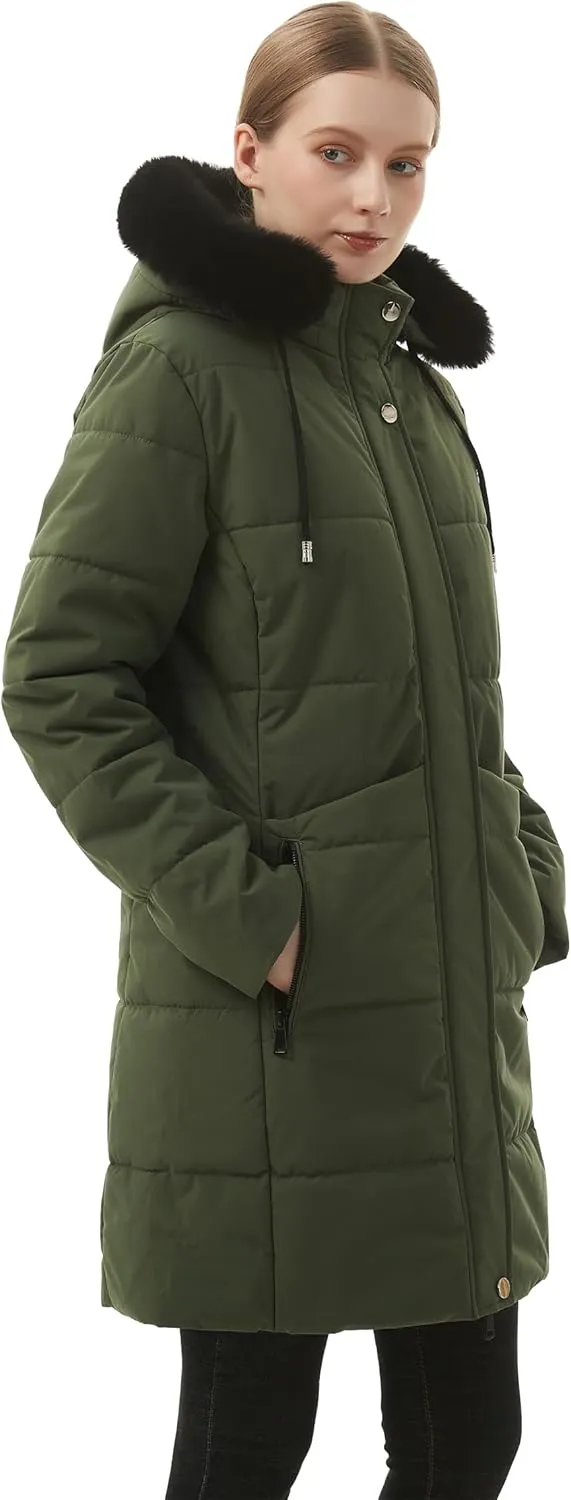 MOERDENG Women's Winter Puffer Coat Thicken Fleece Lined Down Jacket Waterproof Faux Fur Detachable Hooded Parka
