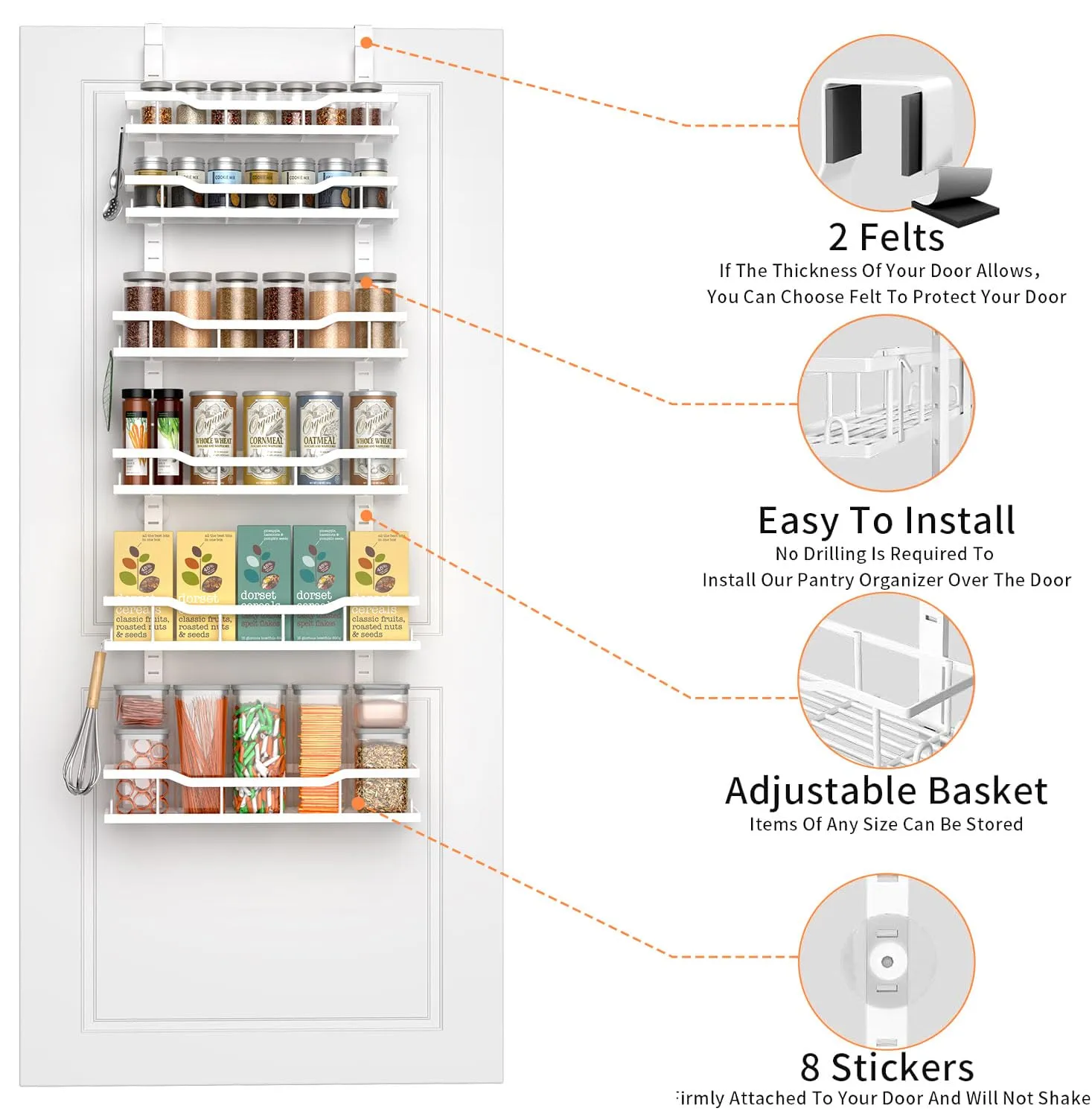 MSERCUOR Over The Door Pantry Organizer Rack, 6-Tier Metal Pantry Organization And Storage with Adjustable Baskets, Hanging Spice Rack for Home & Kitchen Laundry Room Bathroom (6 Tier White)