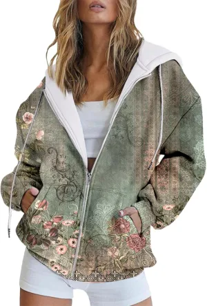 Muyise Women's Oversized Sweatshirt Full Zip Up Hoodie Long Sleeve Casual Drawstring Hooded Jackets Trendy Fall Outfits