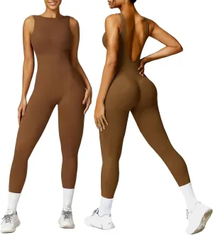 OEAK Womens Scrunch Butt Jumpsuits 2025 Crew Neck Seamless Romper V Back Gym Booty Leggings Bodycon Workout Yoga Unitard
