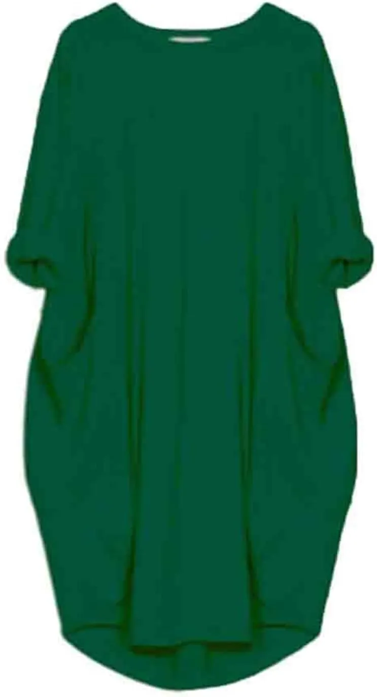 Oversize T-Shirts for Women with Pockets Fashion Summer Baggy Long Sleeve T Shirt Solid Basic Tees Top Beach Mini Dress