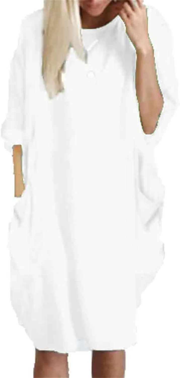 Oversize T-Shirts for Women with Pockets Fashion Summer Baggy Long Sleeve T Shirt Solid Basic Tees Top Beach Mini Dress