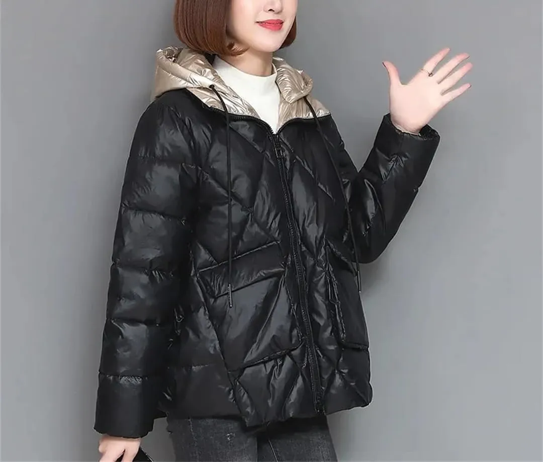 Patchwork Women Hooded Quilted Jacket Fashion Elegant Down Cotton Padded Parkas Winter Loose Short Office Warm Coat