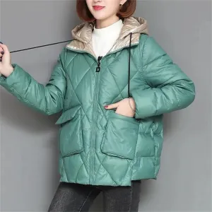Patchwork Women Hooded Quilted Jacket Fashion Elegant Down Cotton Padded Parkas Winter Loose Short Office Warm Coat