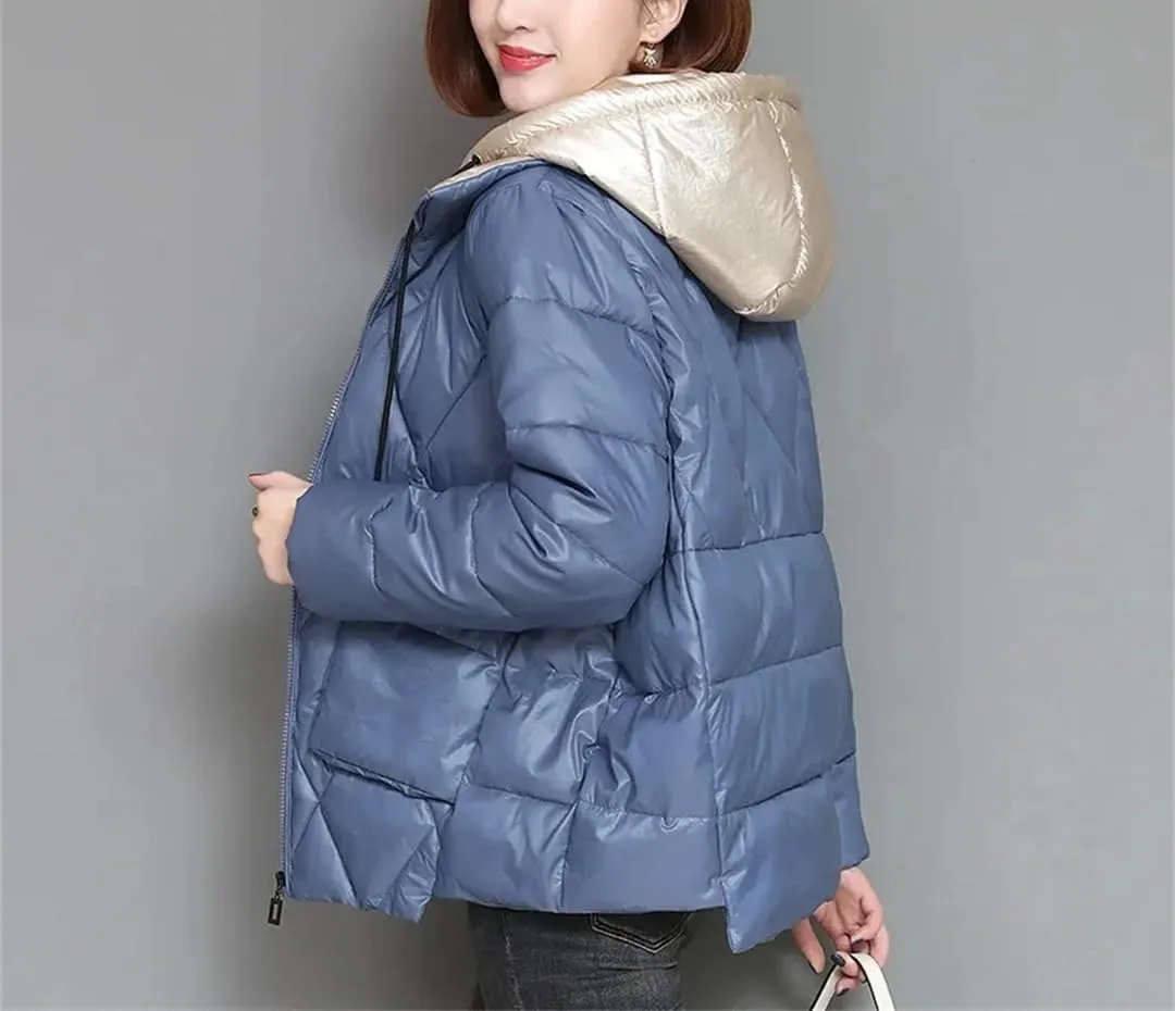 Patchwork Women Hooded Quilted Jacket Fashion Elegant Down Cotton Padded Parkas Winter Loose Short Office Warm Coat