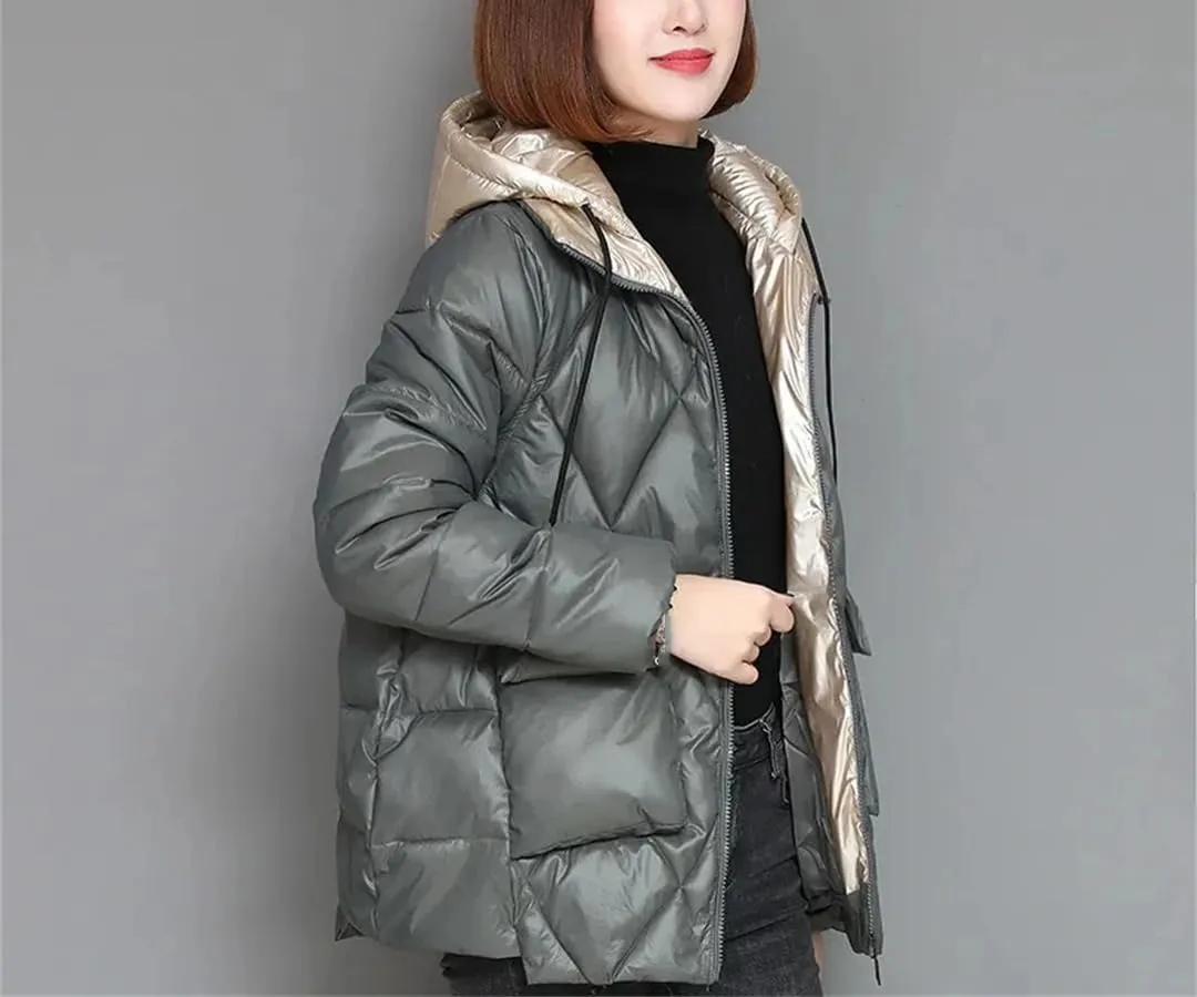 Patchwork Women Hooded Quilted Jacket Fashion Elegant Down Cotton Padded Parkas Winter Loose Short Office Warm Coat