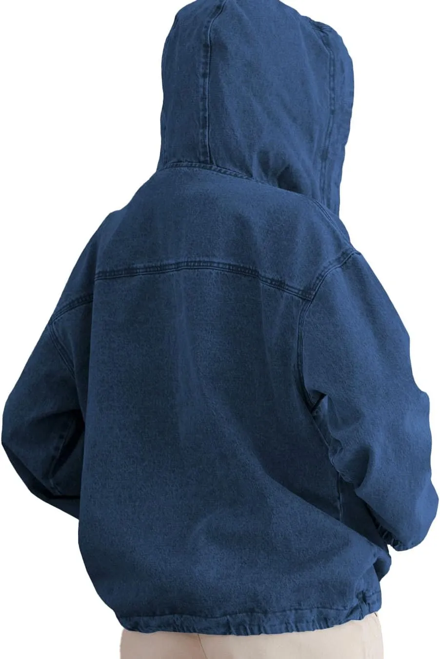 PINSV Womens Denim Hoodie Jacket Lightweight Button Up Jean Pullover with Drawstring Hood Casual Long Sleeve Sweatshirt