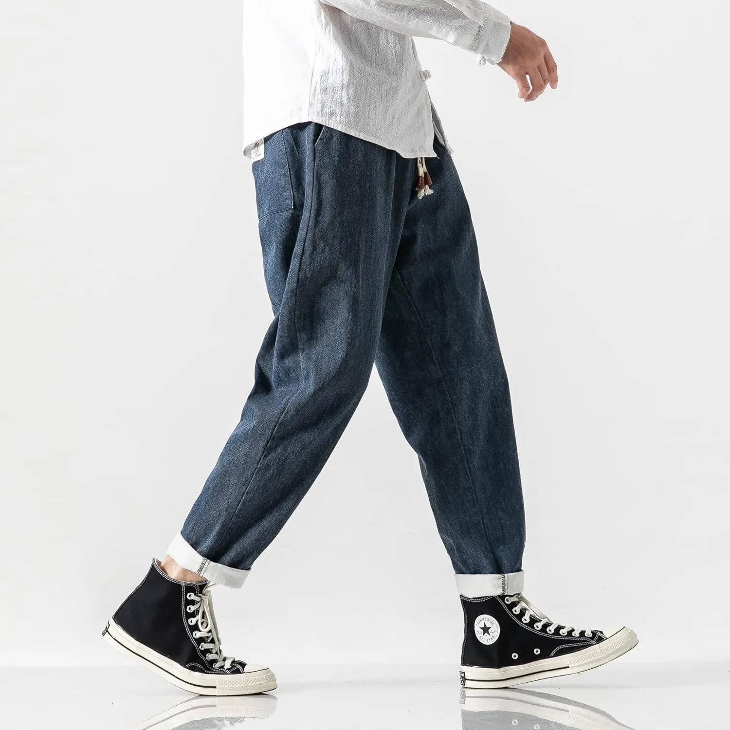 PRIJOUHE Mens Elastic Waist Drawstring Jeans Casual Stretchy Regular Fit Tapered Leg Distressed Jeans Pants