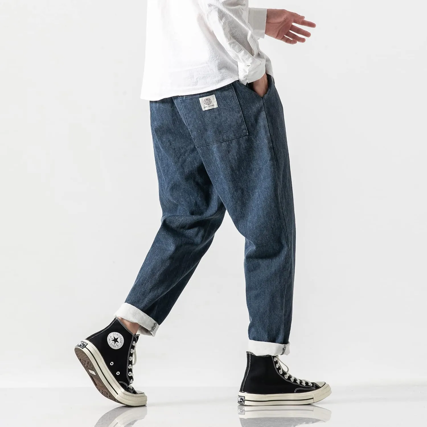 PRIJOUHE Mens Elastic Waist Drawstring Jeans Casual Stretchy Regular Fit Tapered Leg Distressed Jeans Pants