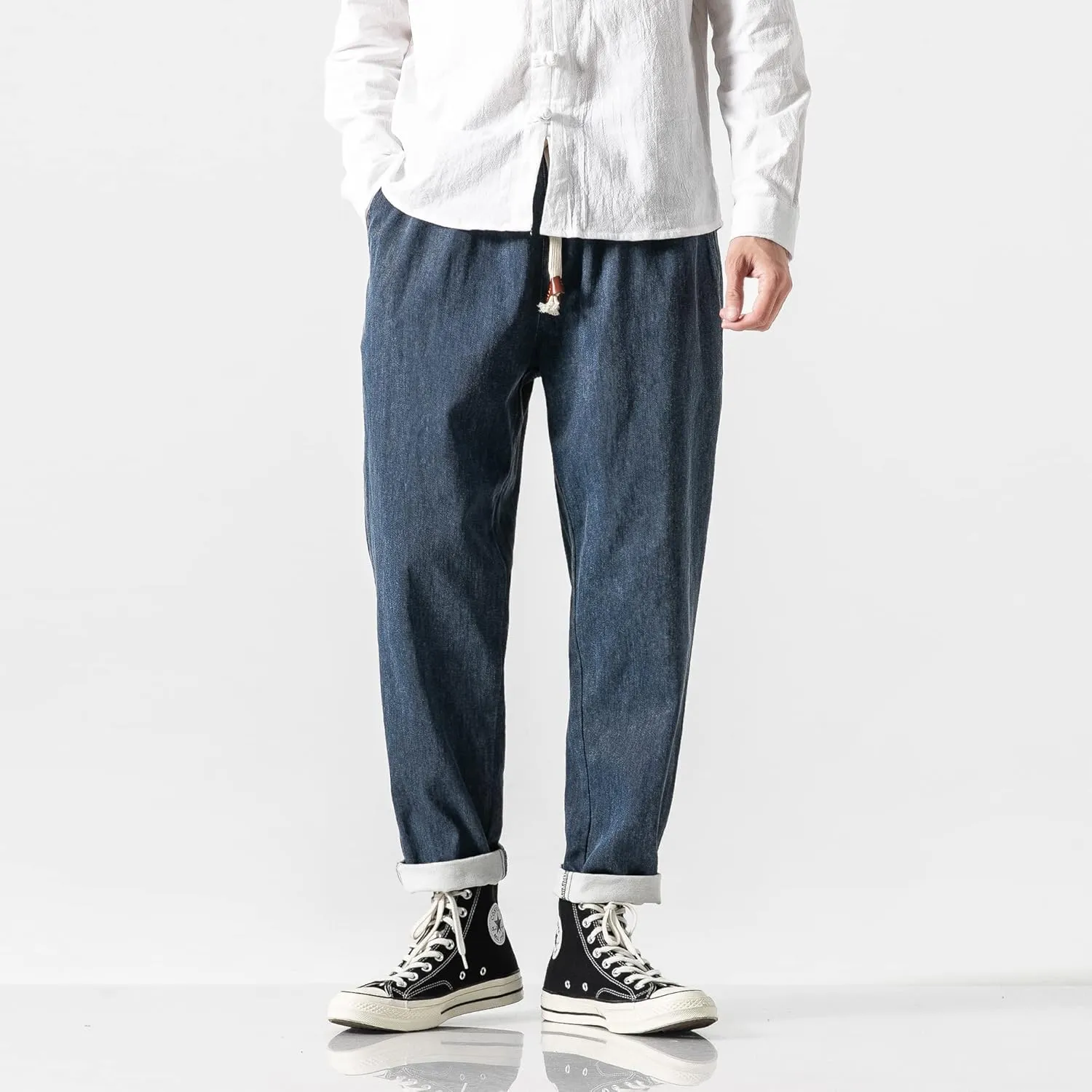 PRIJOUHE Mens Elastic Waist Drawstring Jeans Casual Stretchy Regular Fit Tapered Leg Distressed Jeans Pants