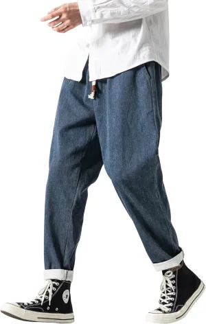 PRIJOUHE Mens Elastic Waist Drawstring Jeans Casual Stretchy Regular Fit Tapered Leg Distressed Jeans Pants