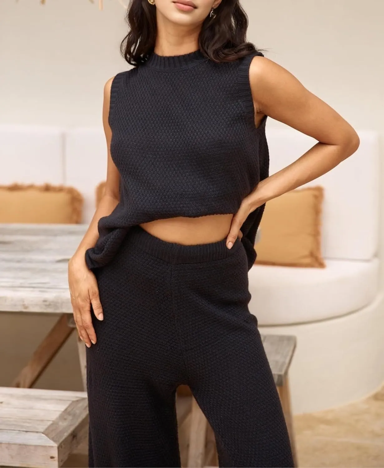 PUWEI Women's 2 Piece Lounge Set Bow Sweater Vest Wide Leg Pants Summer Matching Sets Travel Outfits Knit Tracksuit