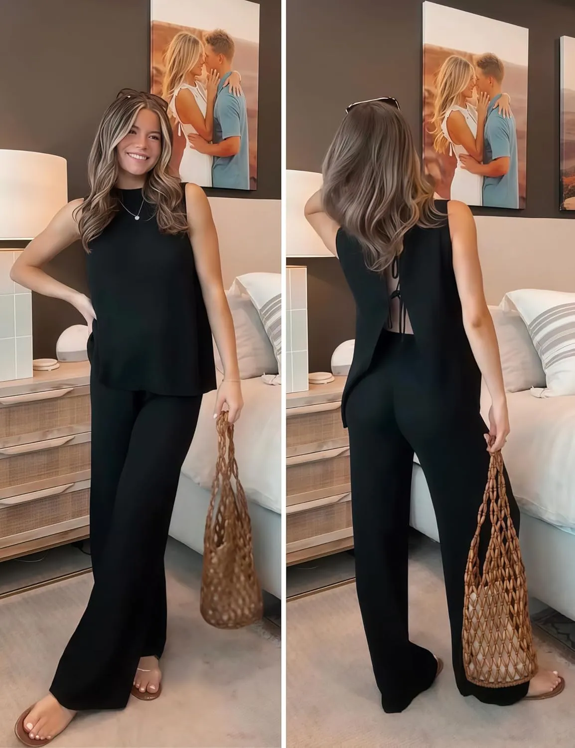 PUWEI Women's 2 Piece Lounge Set Bow Sweater Vest Wide Leg Pants Summer Matching Sets Travel Outfits Knit Tracksuit