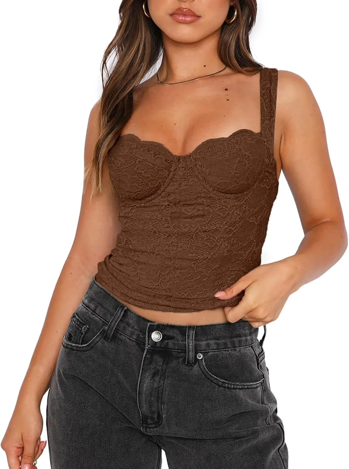 REORIA Women's Summer Sexy Square Neck Sleeveless Going Out Trendy Lace Bustier Tank Crop Tops