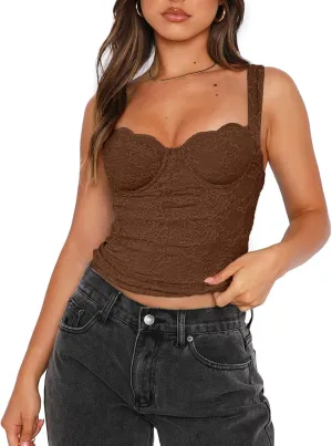 REORIA Women's Summer Sexy Square Neck Sleeveless Going Out Trendy Lace Bustier Tank Crop Tops