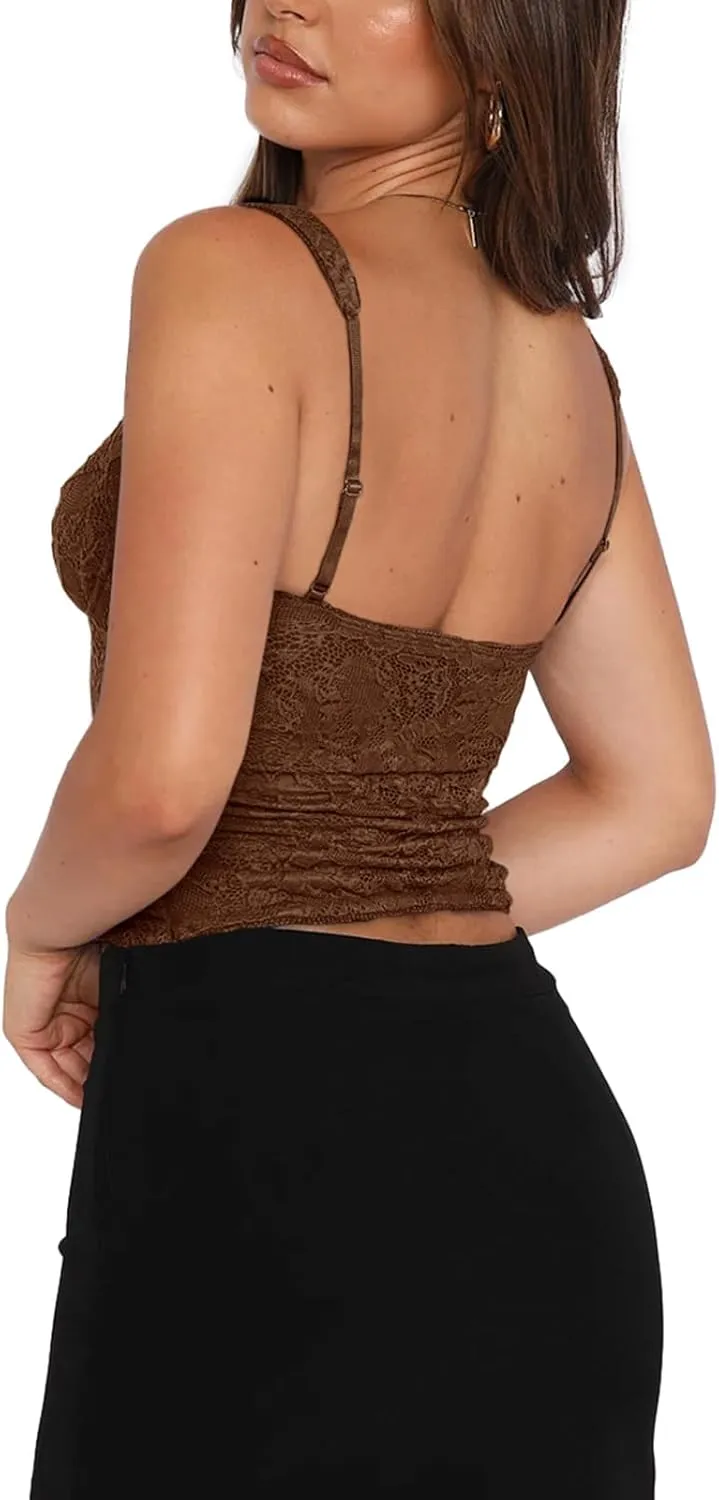 REORIA Women's Summer Sexy Square Neck Sleeveless Going Out Trendy Lace Bustier Tank Crop Tops