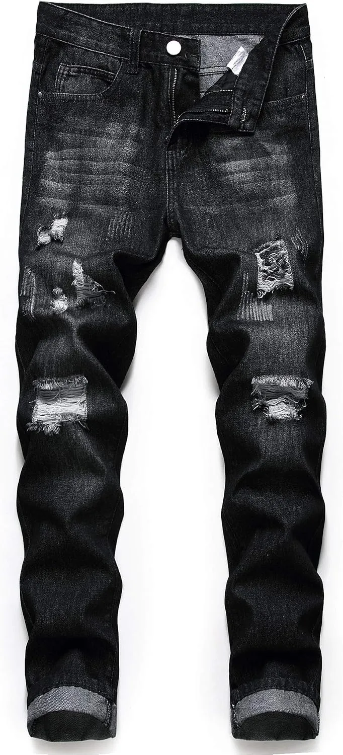 Ripped Jeans for Men Slim Denim Regular Fit Tapered Leg Distressed Destroyed Pants Mens Jeans with Hole