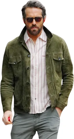 Ryan Reynolds Trendy Handmade Green Stylish Suede Leather Trucker Jacket for Men Premium and Durable Quality